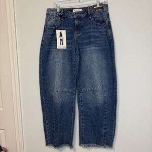 Ashley Mason Barrel Jeans Women’s Sz 7/28 Blue High Rise Wide Leg Raw Hem Denim